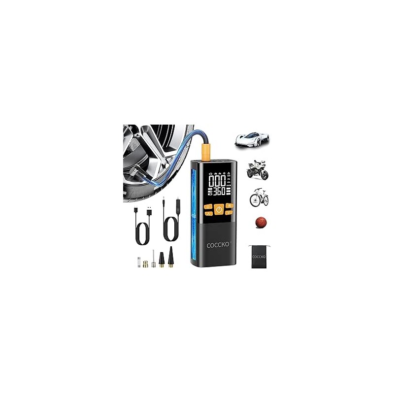 Gonfleur Pneus Voiture Sans Fil,COCCKO 6000mAh Compresseur à Air Portatif pour Pneus,150PSI gonfleur velo electrique LED et Arrê