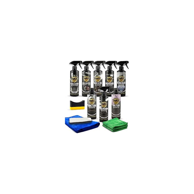 Detailing Pack - Kit Nettoyage Voiture avec Accessoires, Lavage Extérieur Intérieur, Nettoyant Jantes, Shampoing, Cire Liquide, 