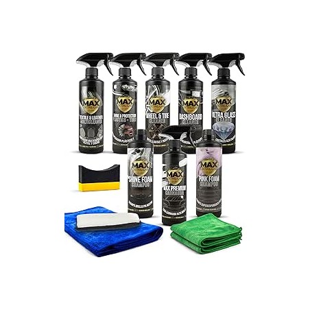 Detailing Pack - Kit Nettoyage Voiture avec Accessoires, Lavage Extérieur Intérieur, Nettoyant Jantes, Shampoing, Cire Liquide, 