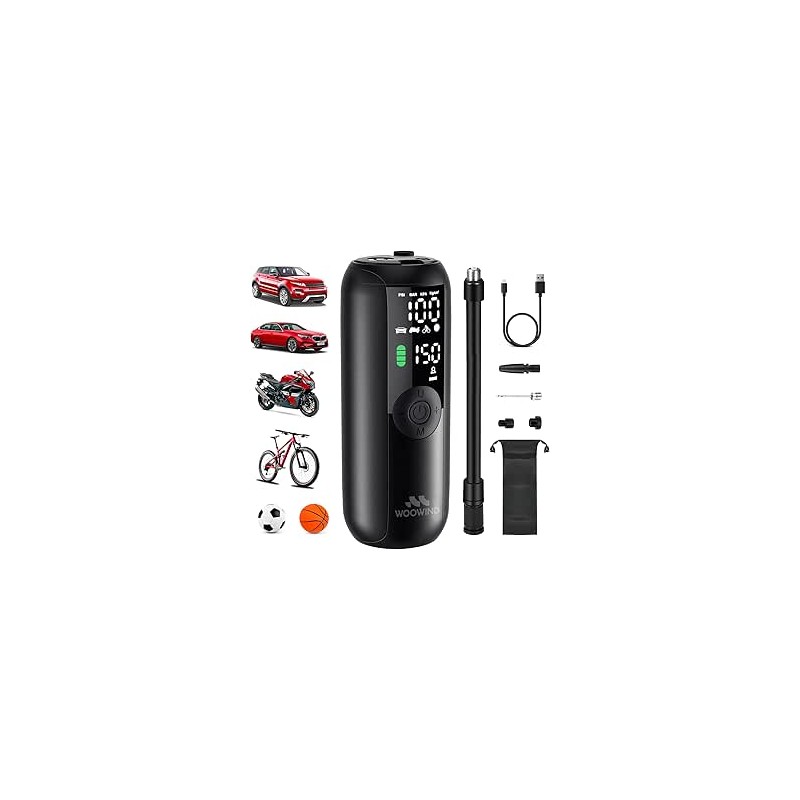 Woowind Gonfleur Pneus Voiture, Pompe A Velo, Gonflage en 1 Minute, 150PSI Compresseur à Air Portatif pour Voitures, Vélos, Moto